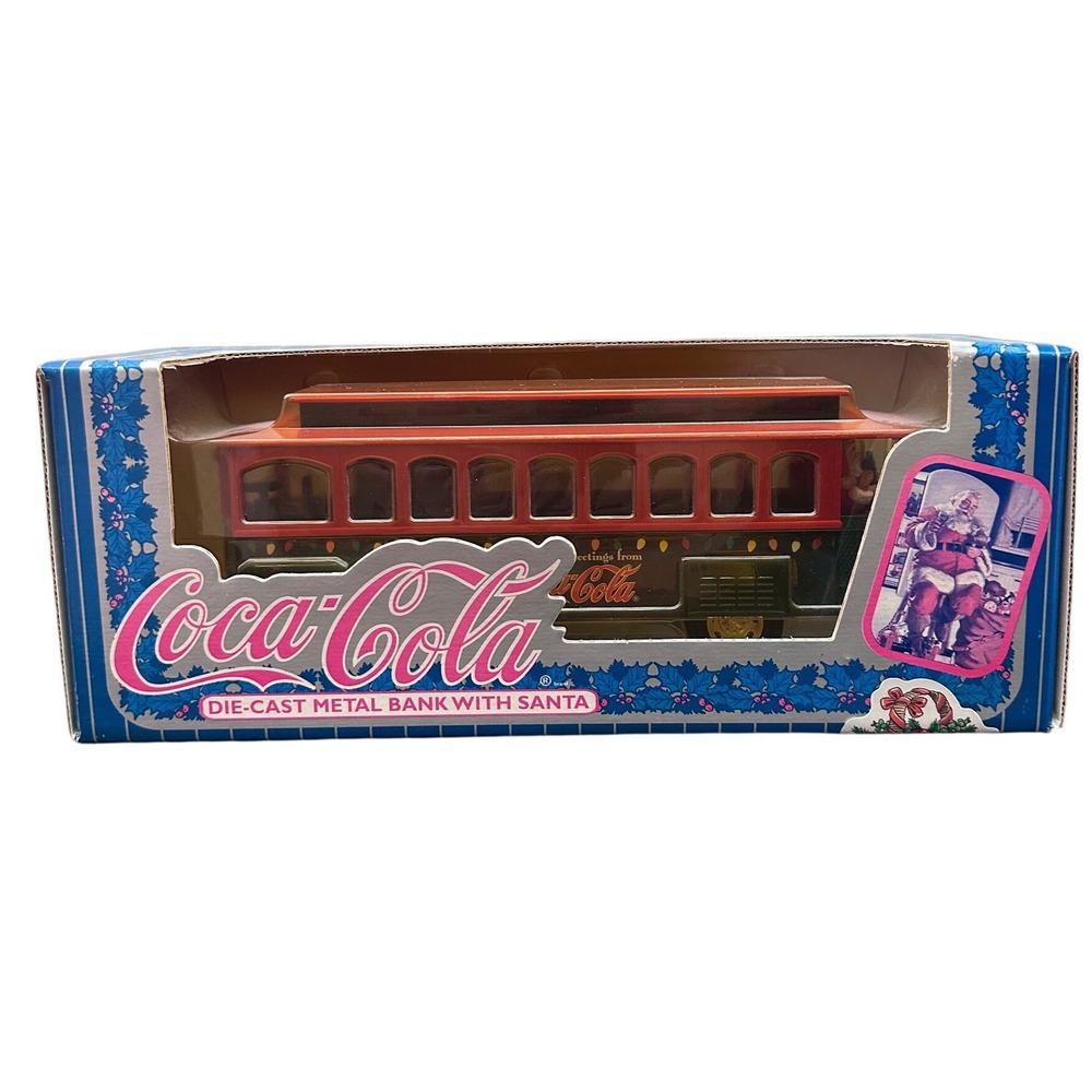 Vintage 1995 Coca-Cola Ertl Die-Cast Metal Christmas Trolley Bank Santa B902